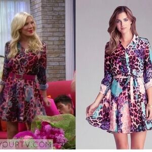 bebe Multicolor Abstract Leopard Print Dress- Coral, Teal, Black, Purple